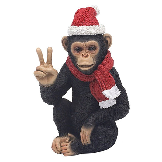 Cheeky Monkey Chimp With Christmas Hat Sitting Giving a V Sign, Large