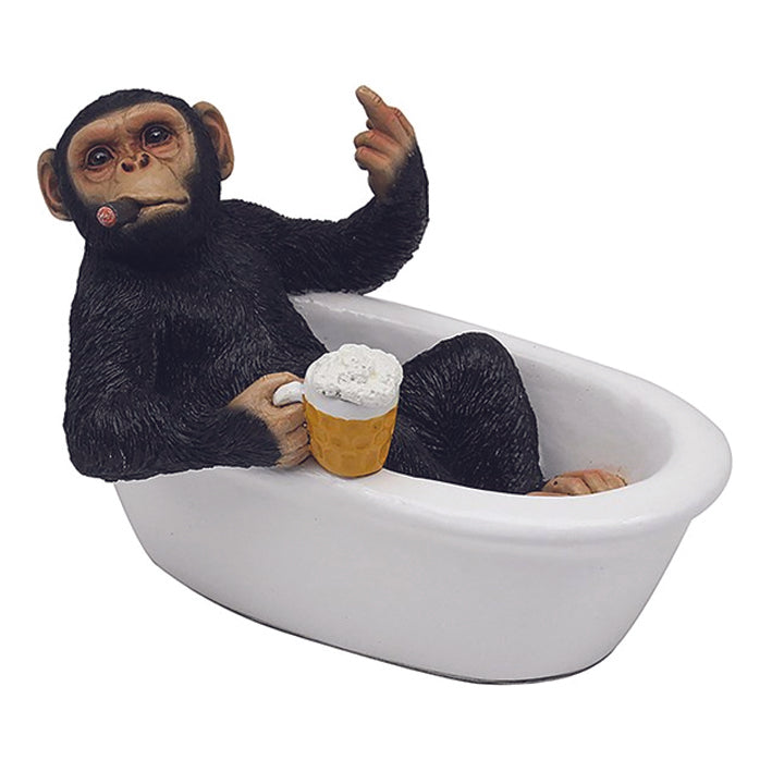 Cheeky Monkey Chimp Sitting in the Bath with a Beer Giving the Finger
