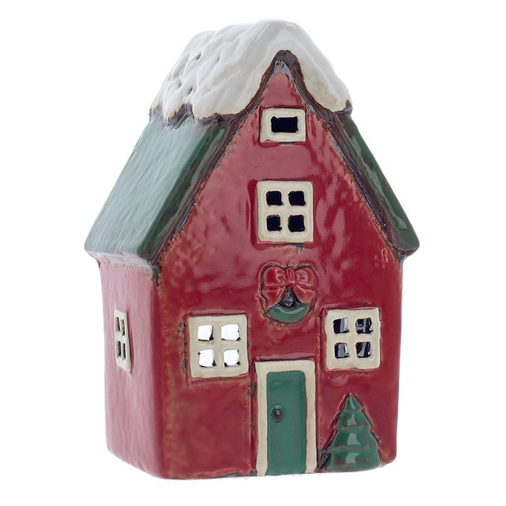 Village Pottery Christmas Red House Tealight Holder with Green Roof