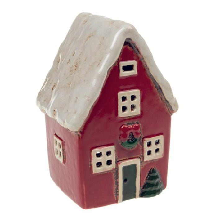 Village Pottery Christmas Red Tall House Tealight Holder