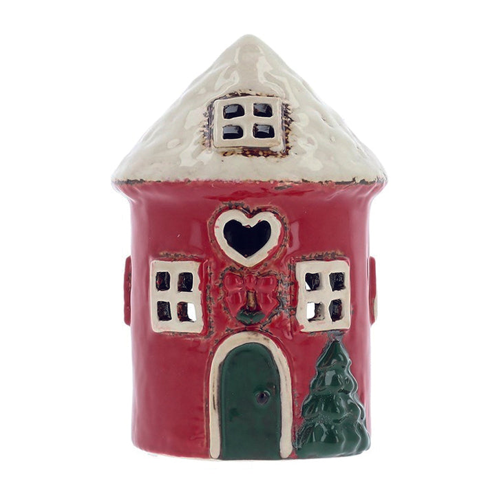 Village Pottery Small Christmas Red Round House Tealight Holder