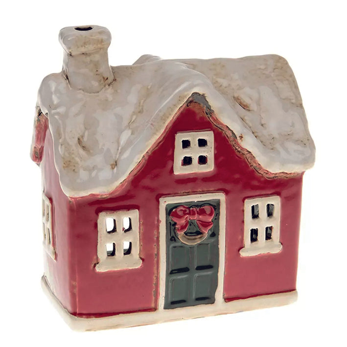 Village Pottery Traditional Christmas House Tealight Holder with Wreath on Door