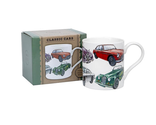 Boxed Mug with Various Classic Cars pictured