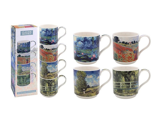 Boxed stacking mugs.  Set of 4 different Claude Monet prints