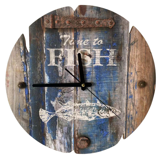 Wall Clock - Rustic wooden "Time to Fish" design