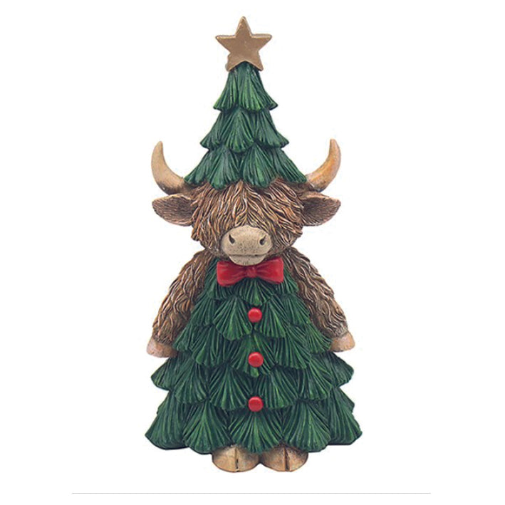 Hughie the Highland Cow,  dressed up as a Christmas Tree