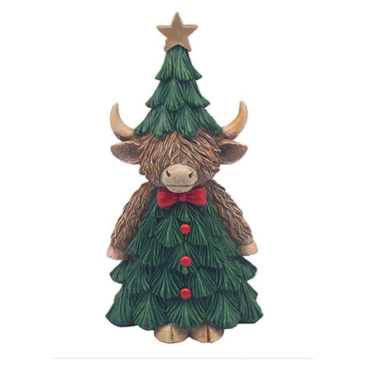 Hughie the Highland Cow,  dressed up as a Christmas Tree