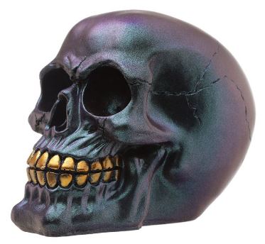 Dark metallic skull with gold teeth