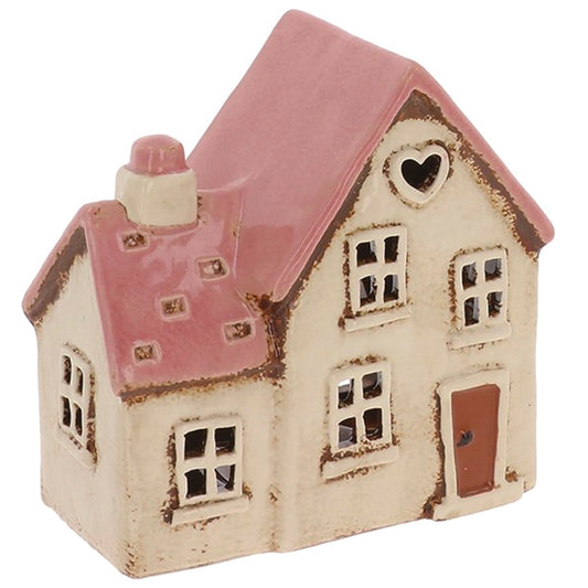 Village Pottery Double Heart Pink Roof House Tealight Holder