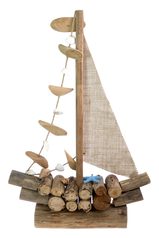 Large driftwood boat with canvas sail
