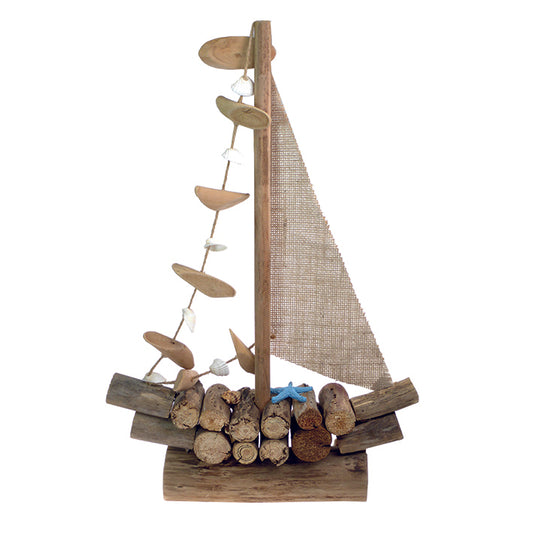 Large driftwood boat with canvas sail