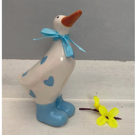 Ceramic Duck ornament med with blue polka dot design