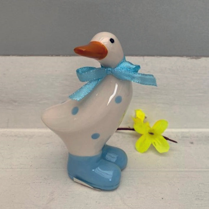 Ceramic Duck ornament small with blue polka dot design