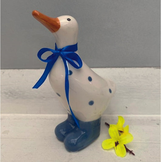 Ceramic Duck ornament med with navy polka dot design