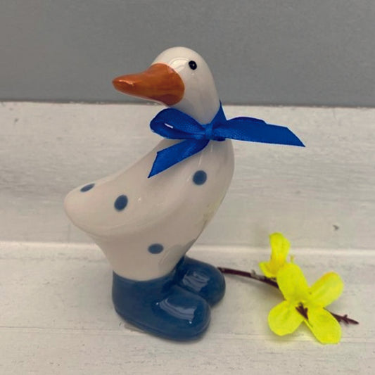 Ceramic Duck ornament small with navy polka dot design