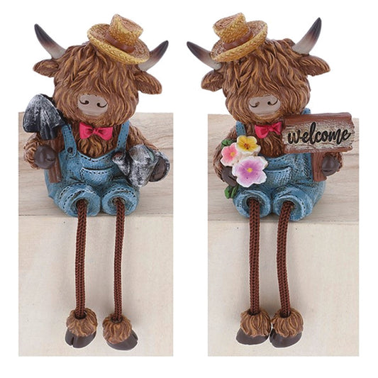 Highland Cow ornament,  Wearing Dungarees, Sitting