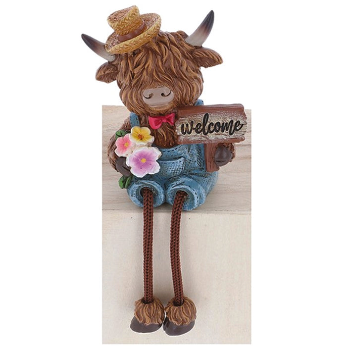 Highland Cow ornament,  Wearing Dungarees, Sitting