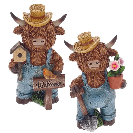 Highland Cows in Dungarees Gardening Ornament