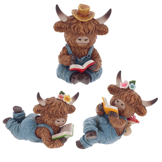 Highland Cow Girl in Dungarees Reading a Book Ornament