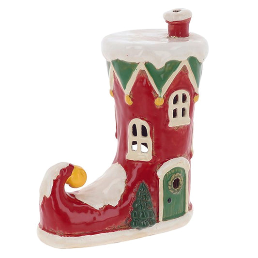 Village Pottery Small Christmas Red Elf Boot House Tealight Holder
