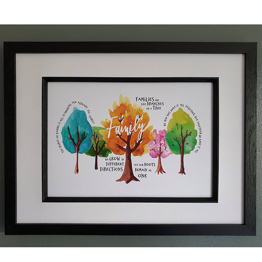 Framed Print.  Family quotes in Watercolour Trees.
