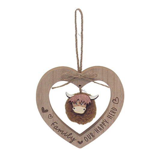 Wooden Hanging Heart - Family, Our Happy Herd.  Fluffy Dangling Cow