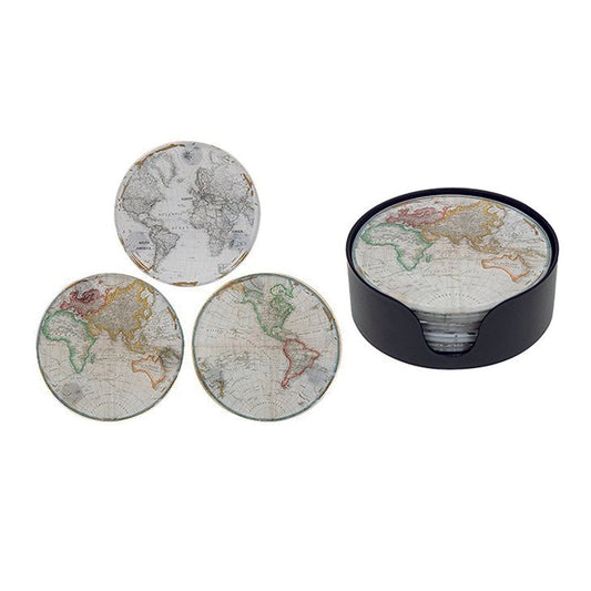 Round glass coasters - World Map set of 6