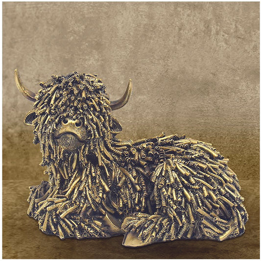 Gold coloured shaggy Highland Cow, Lying Down