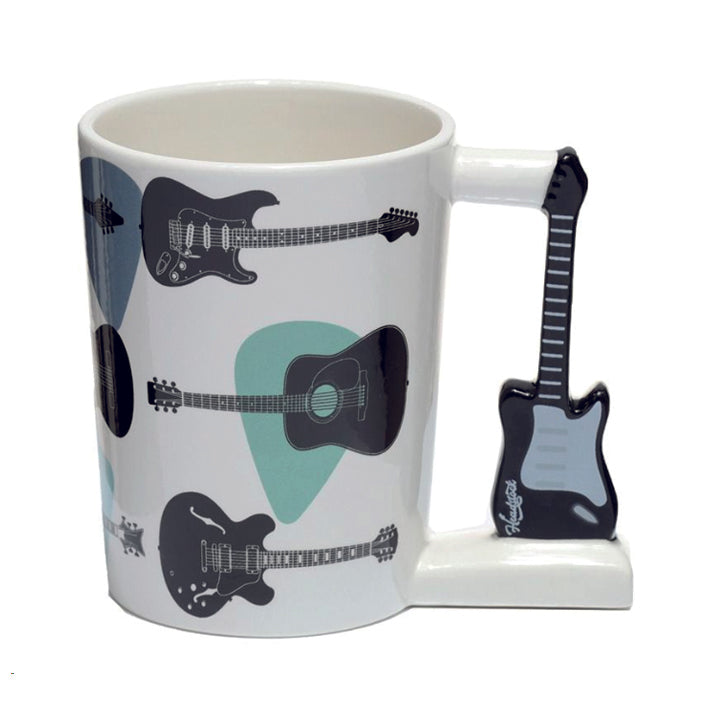 Boxed ceramic mug with guitar shaped handle, blue