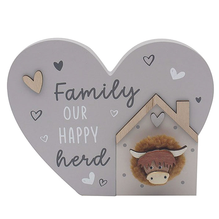 Wooden Standing Heart Plaque with Highland Cow.  Family Our Happy Herd