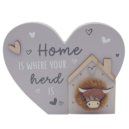Wooden Standing Heart Plaque with Highland Cow.  Home Is Where Your Herd Is