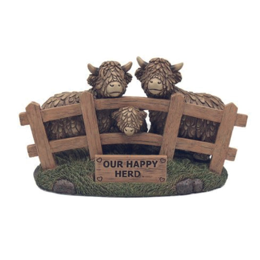 Hughie the Highland Cow ornament, family behind a fence - Our Happy Herd