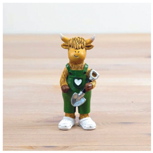 Highland Cow in Dungarees Holding a Shovel