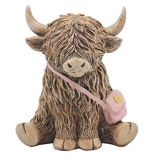 Happy Highland Cow with pink handbag