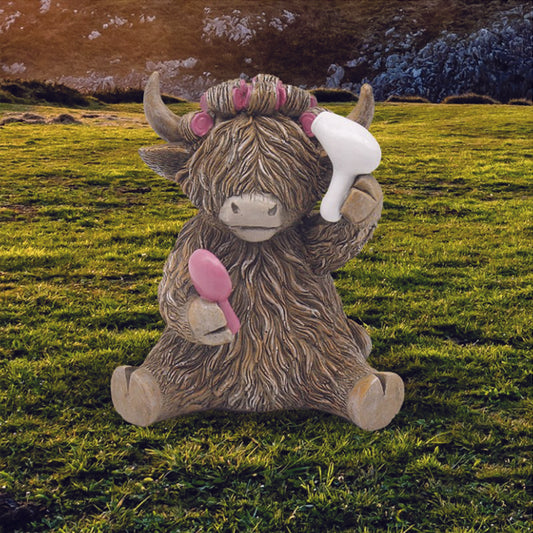 Happy Highland Cow Sat Doing Her Hair Holding Hair Dryer and Brush