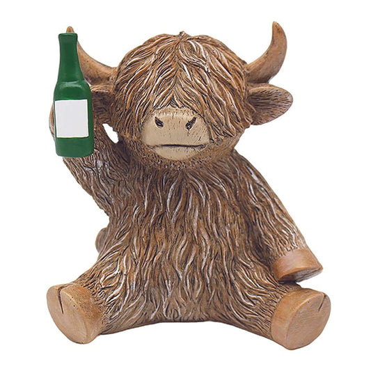 Happy Highland Cow Sat With a Whisky Bottle