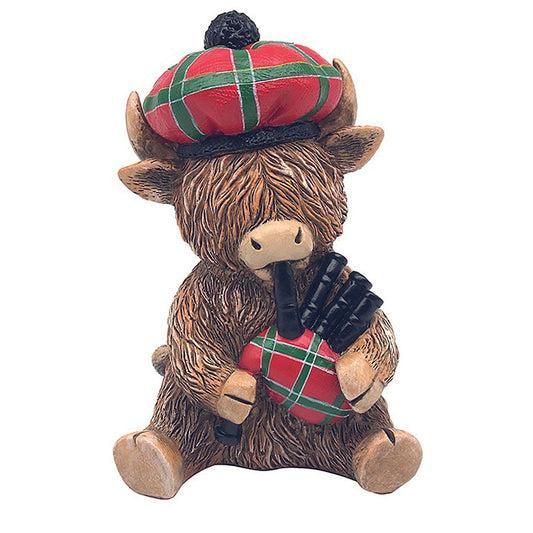 Happy Highland Cow with a tartan hat and bagpipes