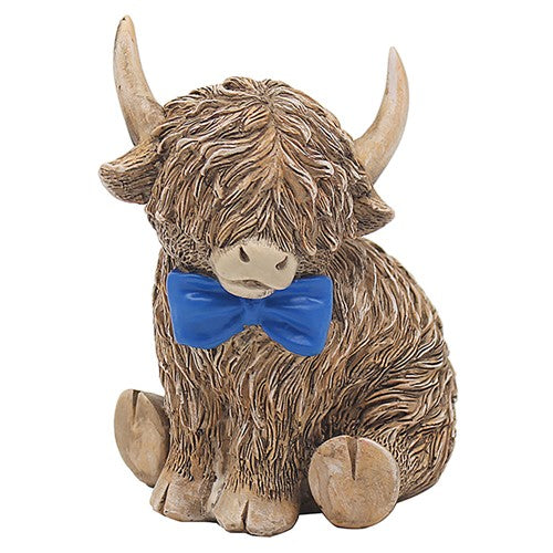 Happy Highland Cow with a blue bow tie