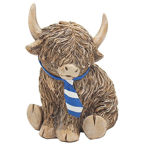 Happy Highland Cow with a blue and white tie