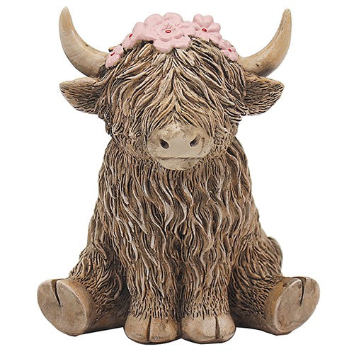 Happy Highland Cow with flowers on head