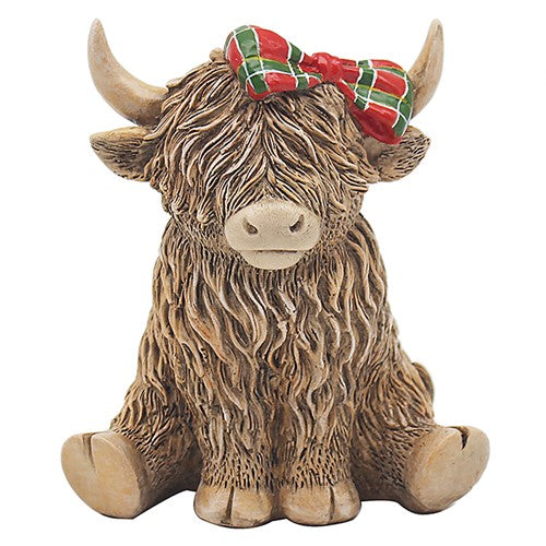 Happy Highland Cow with tartan bow