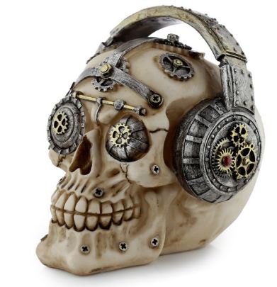 Skull with headphones and cogs ornament