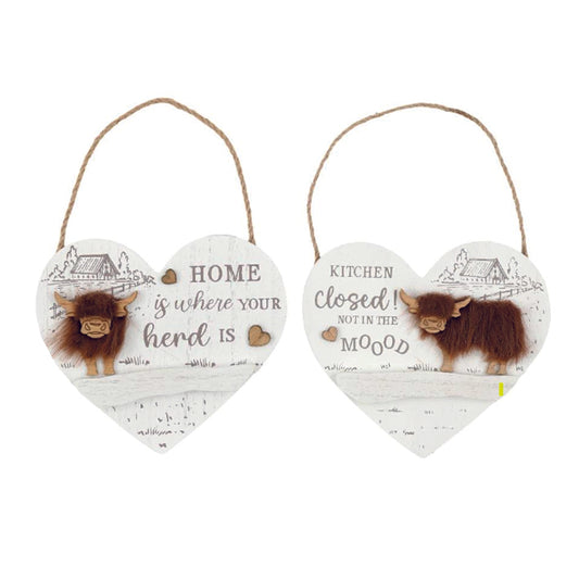 Wooden hanging heart plaque Highland Cows