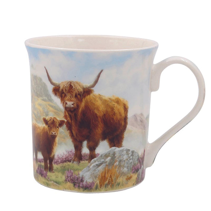 Boxed Mug with Highland Cow and Calf  Mountains in Background