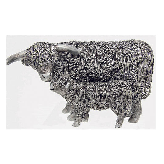 Silver highland cow and calf sm ornament