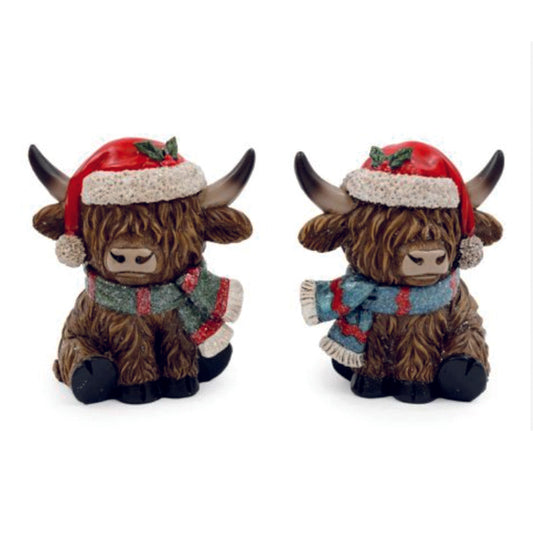 Highland Cows in Christmas Hats and Scarves