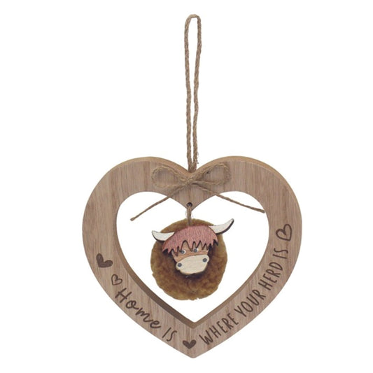 Wooden Hanging Heart - Homen.  Fluffy Dangling Cow