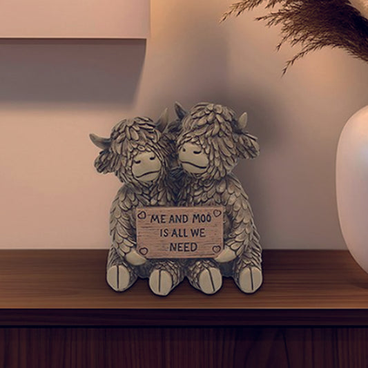 Hughie Highland Cow Couple with Sign - Me and Moo Is All We Need
