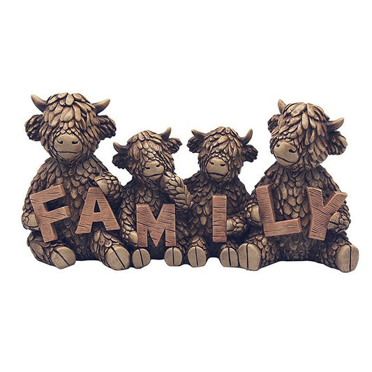 Hughie the Highland Cow and family holding FAMILY letters ornament