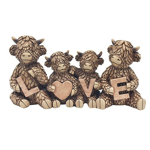 Hughie the Highland Cow and family holding LOVE letters ornament